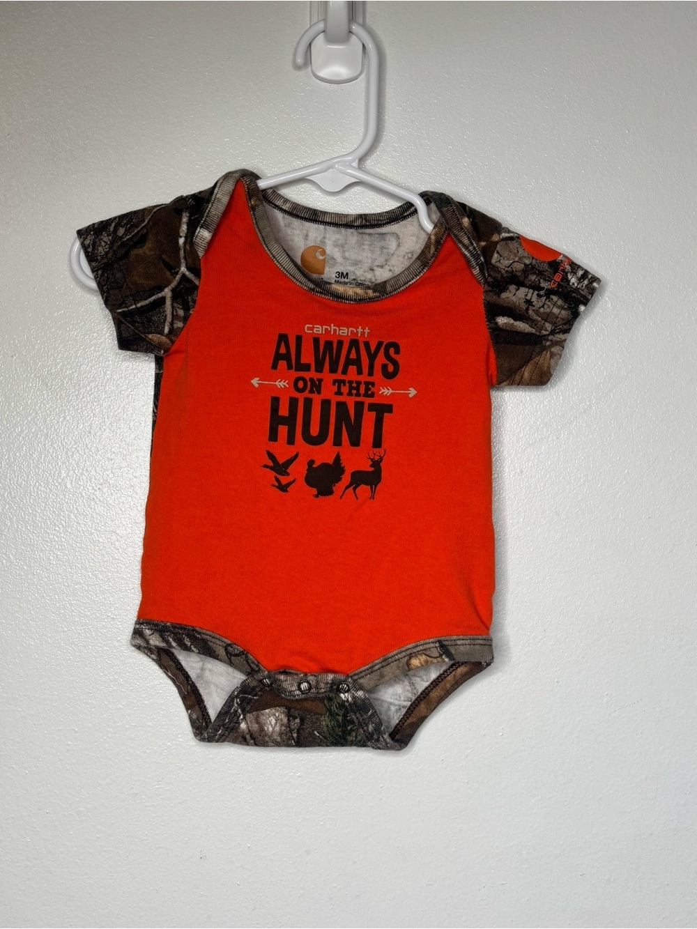 Carhartt always on the hunt orange camo onesie size 3 months